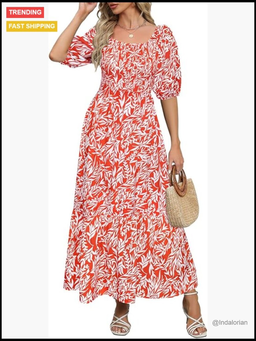 Smocked Maxi Dress with Puff Sleeves and Square Neck